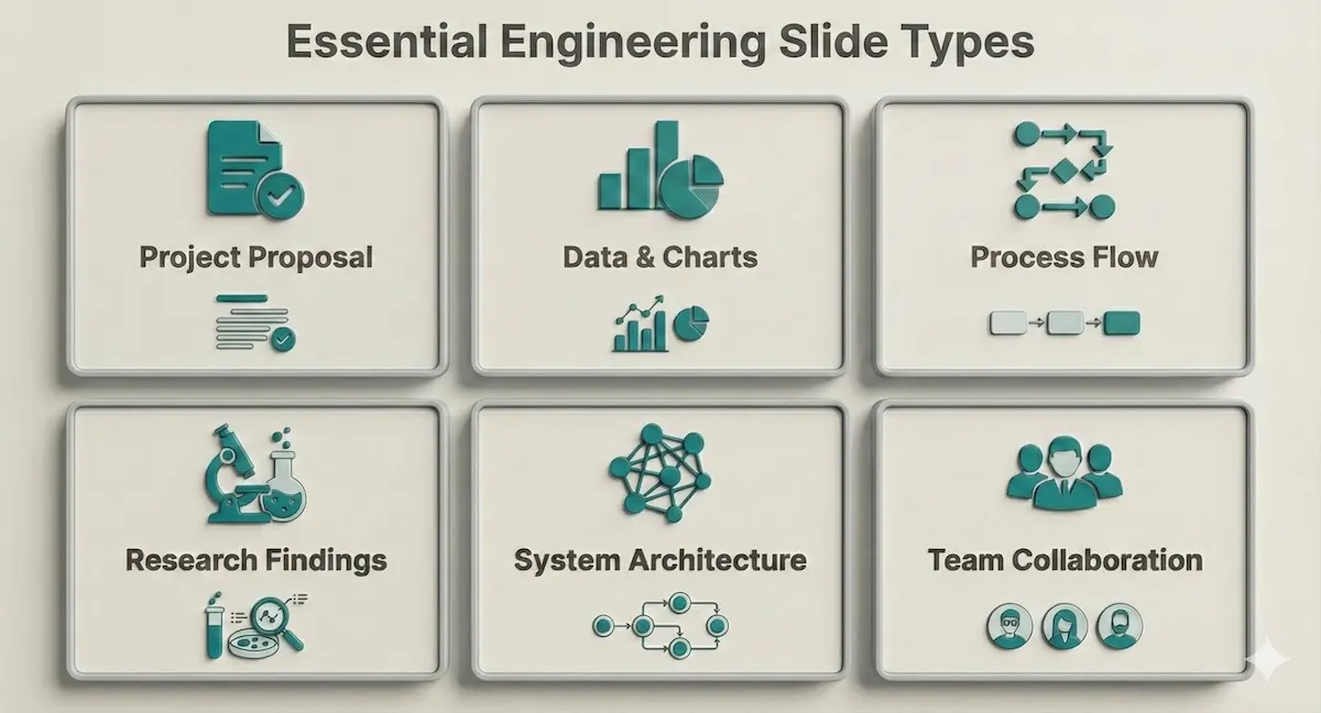 Grid infographic displaying 6 types of engineering presentation slides: Project Proposals, Data Charts, Process Flows, Research Findings, System Architecture, and Team Collaboration.