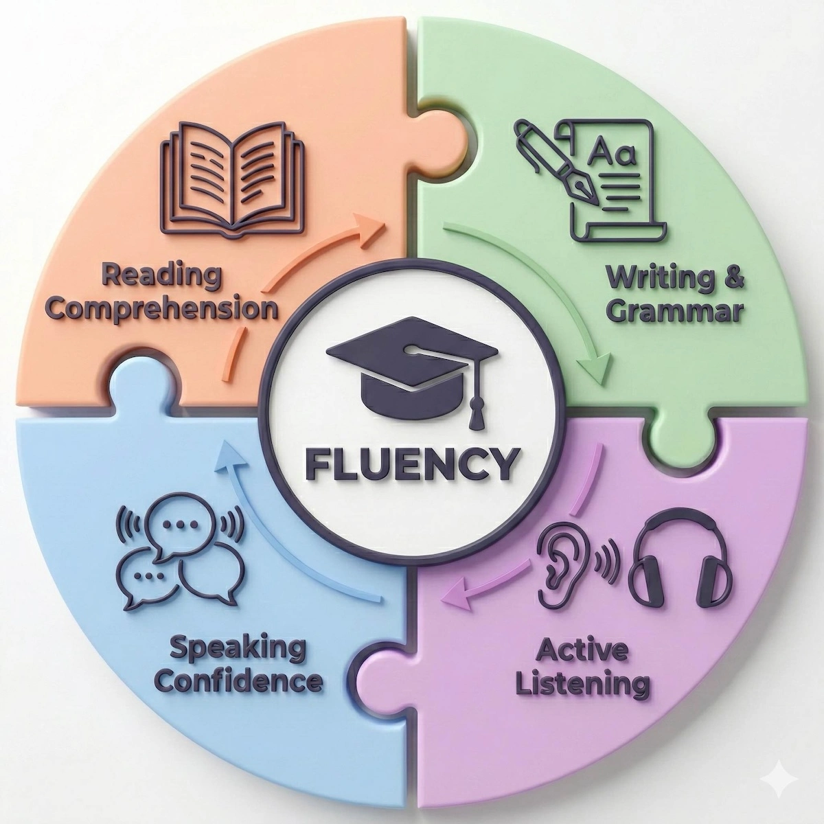 Four-quadrant infographic showing the pillars of English fluency: Reading Comprehension, Writing & Grammar, Speaking Confidence, and Active Listening, all converging to build student success.