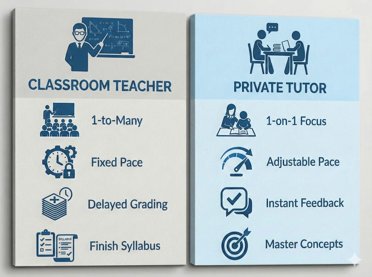 Comparison infographic showing differences between classroom teachers and private English tutors. Classroom features 1-to-many ratio and fixed pace, while tutors offer 1-on-1 focus, instant feedback, and adjustable pacing for better learning.