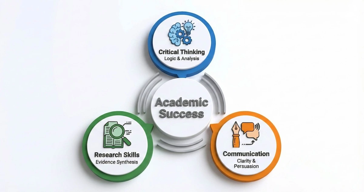 Illustration showing three pillars of essay writing: Critical Thinking, Research Skills, and Communication, leading to Academic Success.