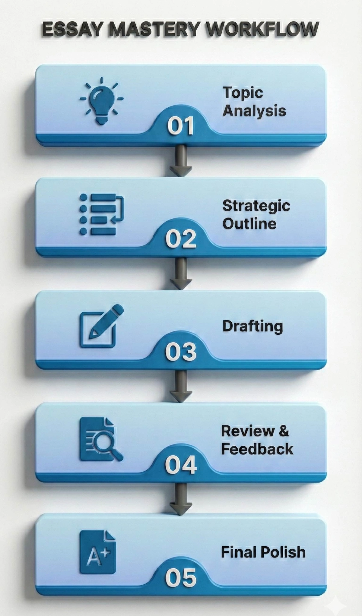 Vertical flowchart showing the 5-step essay writing process with a tutor: 1. Topic Analysis, 2. Strategic Outline, 3. Drafting, 4. Review & Feedback, and 5. Final Polish.