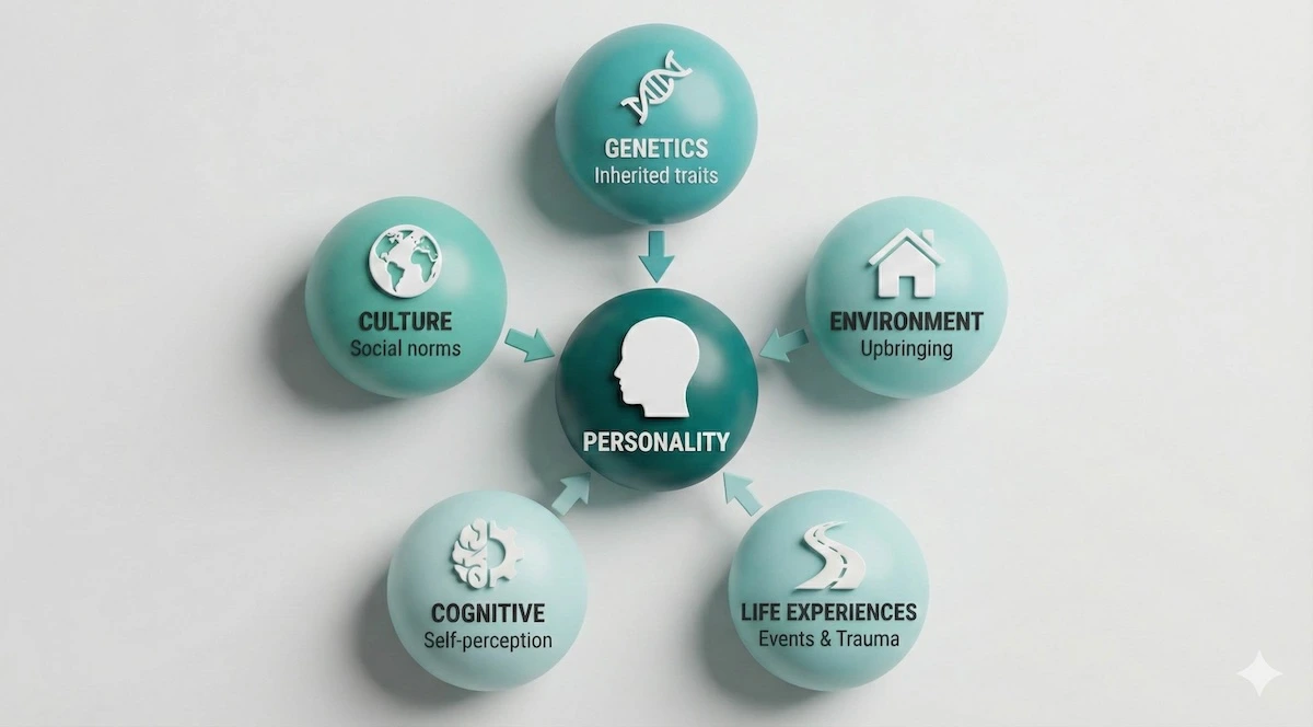 Radial diagram illustrating five factors influencing personality: Genetics, Environment, Life Experiences, Cognitive Factors, and Culture.
