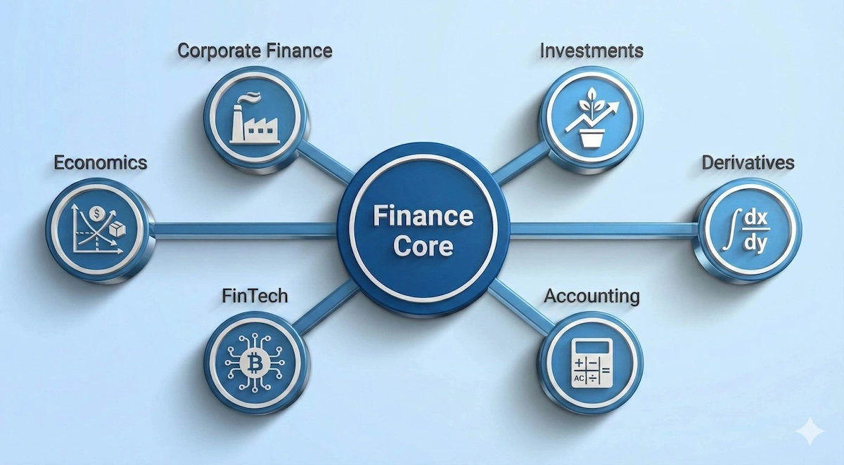 Mind map illustrating core finance tutoring topics including Corporate Finance, Investments, Derivatives, Accounting, FinTech, and Economics.