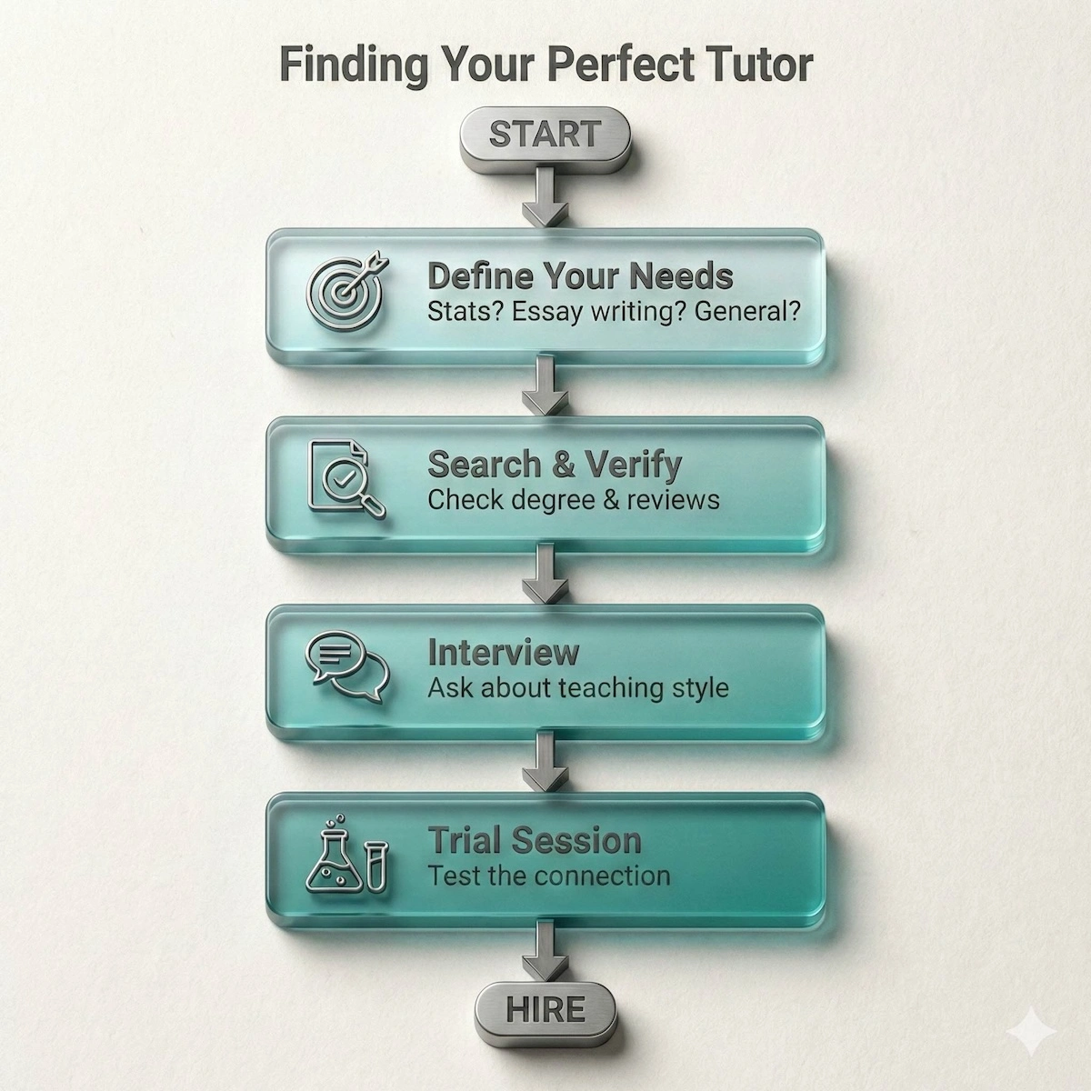 Flowchart showing the 4 steps to finding a psychology tutor: define needs, search and verify credentials, interview candidates, and book a trial session.