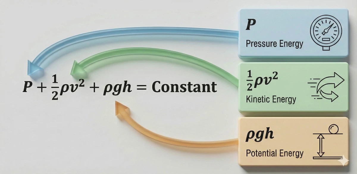 Visual breakdown of the Bernoulli equation for fluid mechanics showing pressure, kinetic energy, and potential energy components.