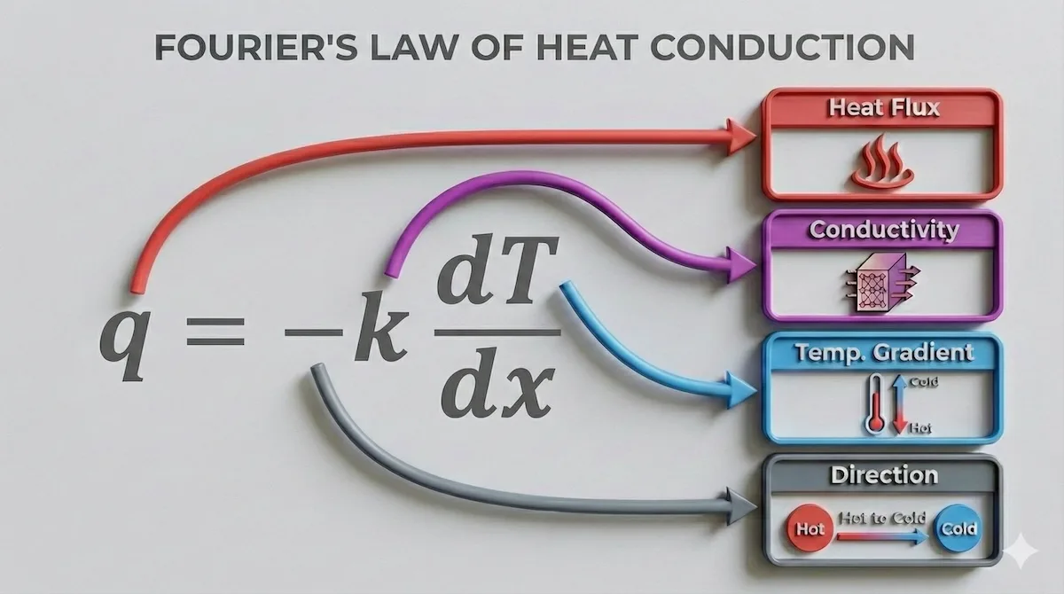 Visual breakdown of Fourier's Law of Heat Conduction, explaining variables q, k, and temperature gradient.