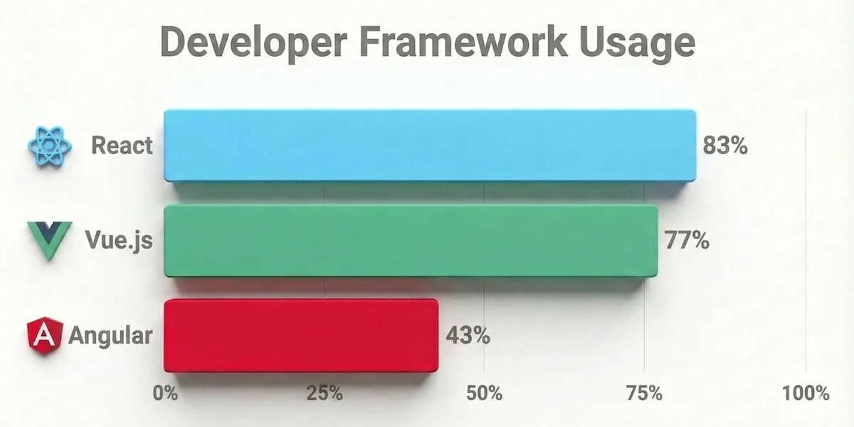 Bar chart showing developer usage rates for popular front-end frameworks: React at 83%, Vue.js at 77%, and Angular at 43%.