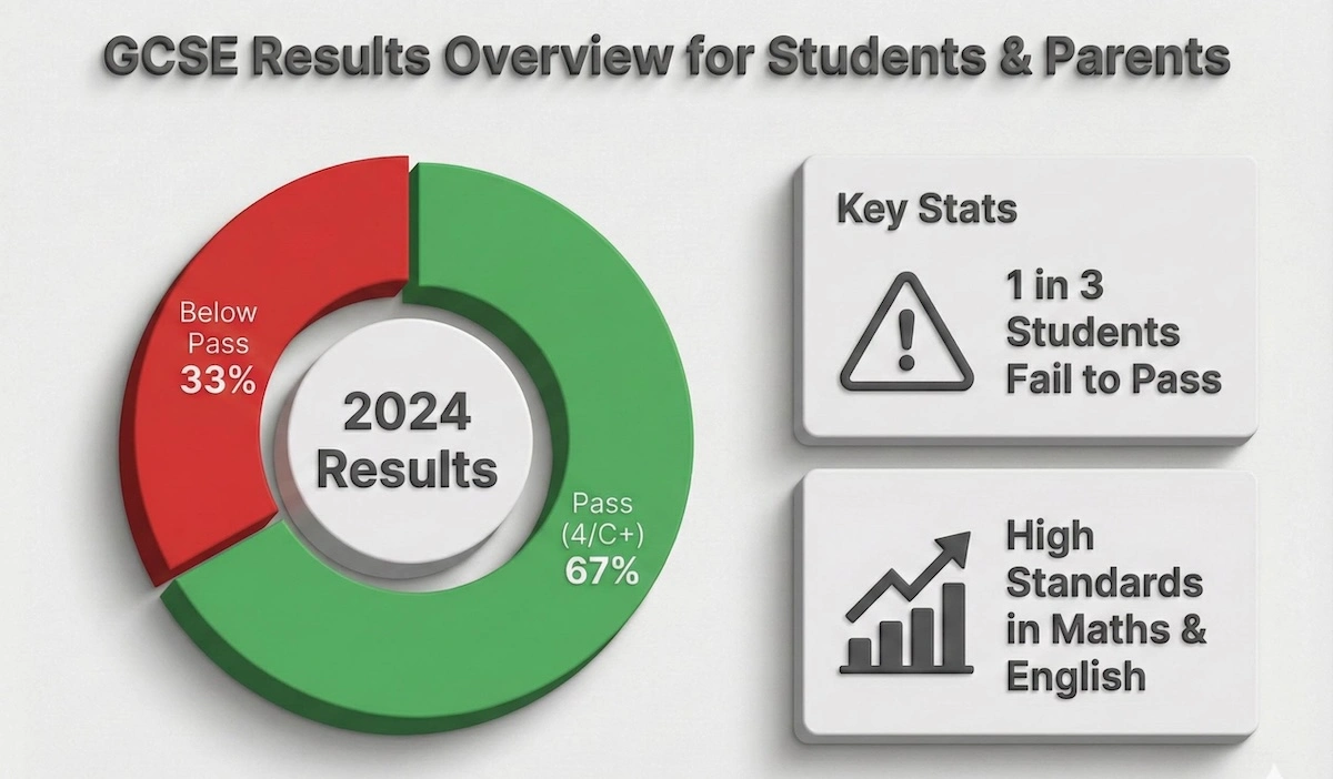 Donut chart showing 2024 GCSE statistics: 67% passing grade vs 33% below passing, highlighting the difficulty of exams.