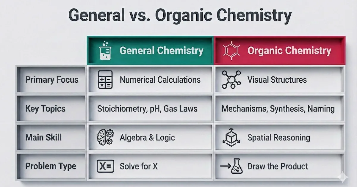 Comparison table showing differences between General Chemistry (math-focused, stoichiometry) and Organic Chemistry (visual-focused, mechanisms and structures).
