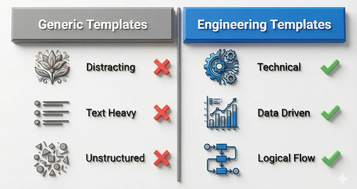 Comparison table showing Generic Templates (Distracting visuals, Text heavy) versus Engineering Templates (Technical visuals, Data driven, Logical flow).