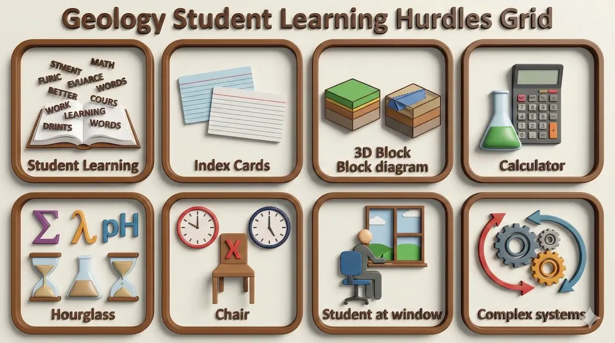 Infographic showing six common learning difficulties in geology: terminology overload, spatial visualization, deep time concepts, math prerequisites, abstract thinking, and classroom limitations.