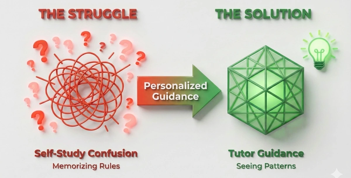 Comparison infographic showing geometry confusion turning into clarity through personalized tutoring, illustrating the transition from memorizing rules to seeing patterns.