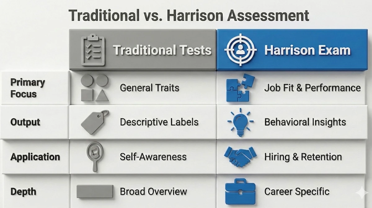 Comparison table showing differences between Traditional Personality Tests and the Harrison Assessment, focusing on job fit and performance.