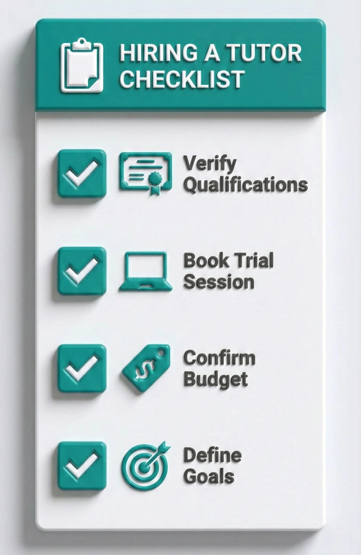 Checklist infographic for hiring an English tutor: 1. Verify Qualifications, 2. Book Trial Session, 3. Confirm Budget, and 4. Define Goals to ensure the best match.