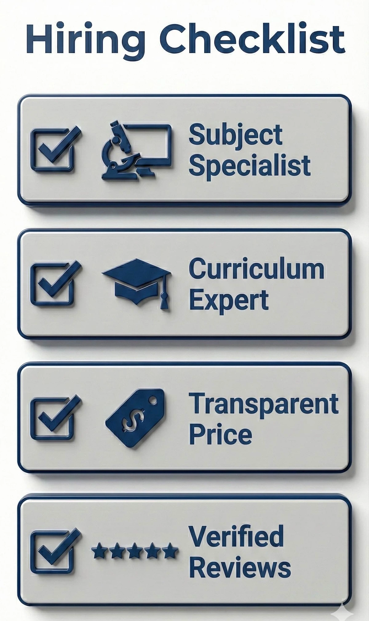 Checklist for hiring a Cambridge Technicals tutor: verify subject specialization, check curriculum experience, understand pricing transparency, and read verified reviews.