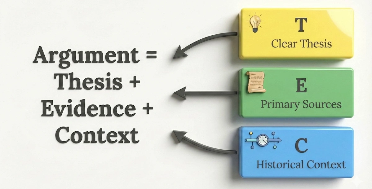 Infographic showing the history essay formula: A strong argument equals Thesis plus Evidence plus Historical Context, visualized with icons.