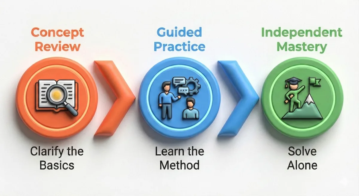 Homework coaching cycle diagram showing progression from concept review to guided practice to independent mastery.