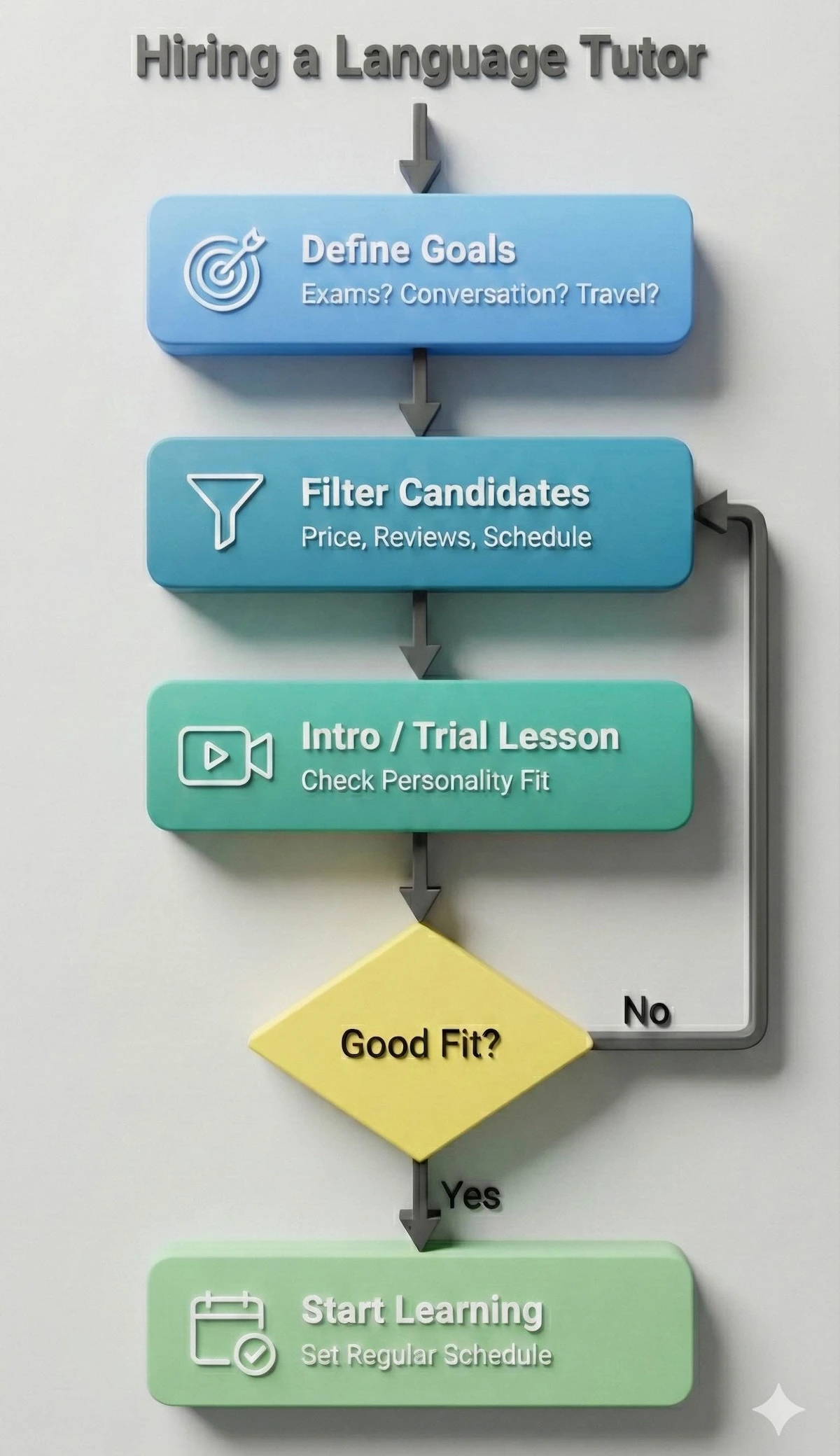 Flowchart showing the 5 steps to hire a language tutor: define goals, filter candidates, take a trial lesson, assess fit, and start learning.