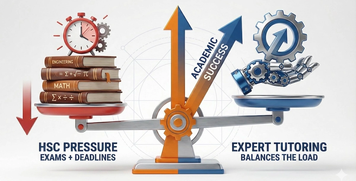 Illustration of a balance scale showing how expert tutoring helps students manage HSC exam pressure and deadlines for academic success.