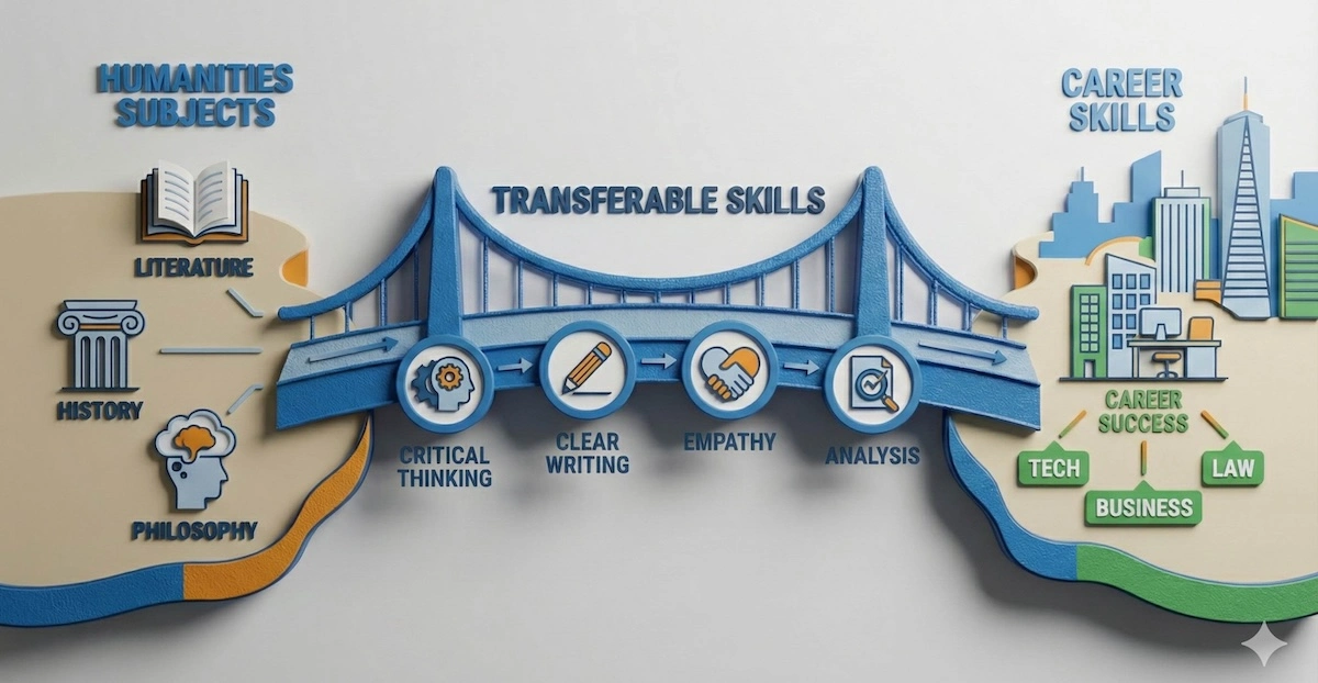 Infographic illustrating how humanities subjects like history and literature bridge to career skills like critical thinking and analysis for tech and business success.