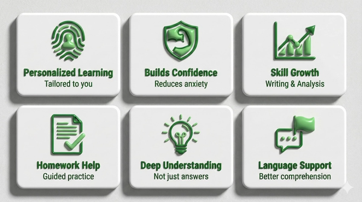 Grid infographic showing six benefits of humanities tutoring including personalized learning, confidence building, skill growth, and homework help.