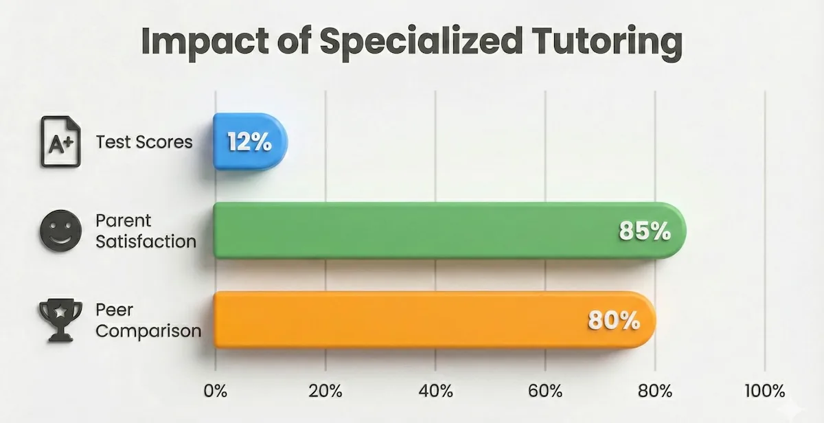 Bar chart showing IB tutoring statistics: 12% test score increase, 85% parent satisfaction, and 80% of students outperforming peers.