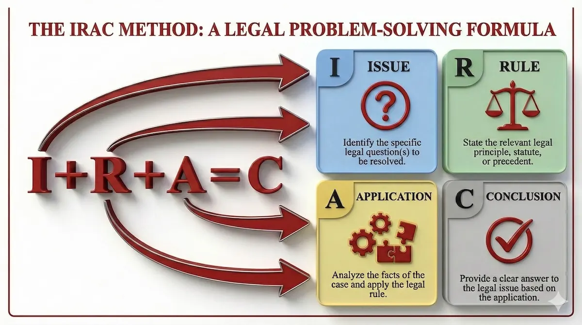 IRAC method formula breakdown for law students: Issue, Rule, Application, and Conclusion displayed as a logical equation for legal analysis.