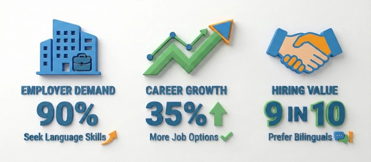 Infographic showing language learning career statistics: 90% of employers seek language skills, 35% more job opportunities, and 9 in 10 employers prefer bilingual staff.