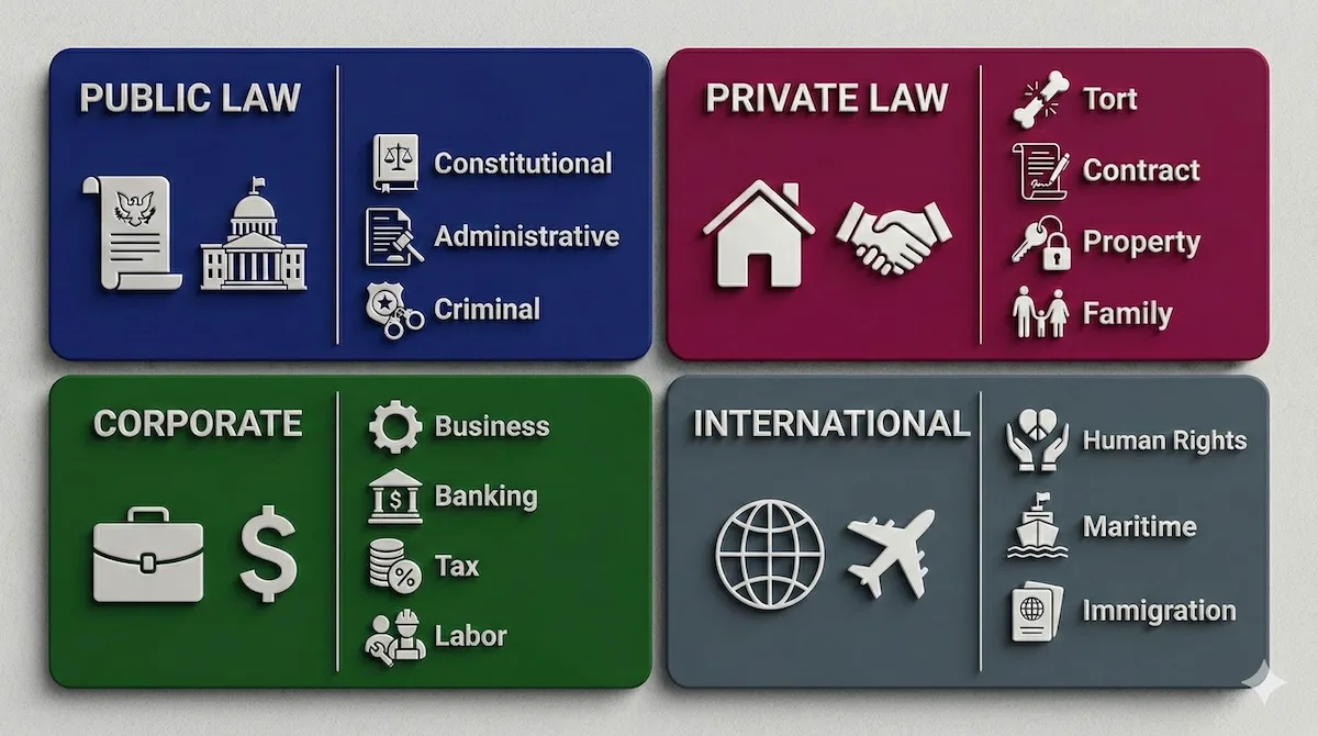 Infographic categorizing major law subjects into Public, Private, Corporate, and International law fields for students.