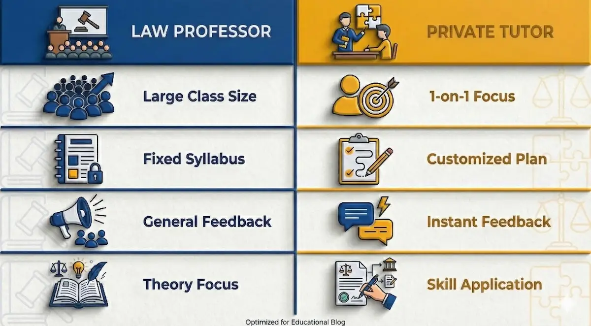 Comparison table showing differences between Law Professors (large classes, fixed syllabus) and Private Tutors (1-on-1 focus, customized plans) for law students.