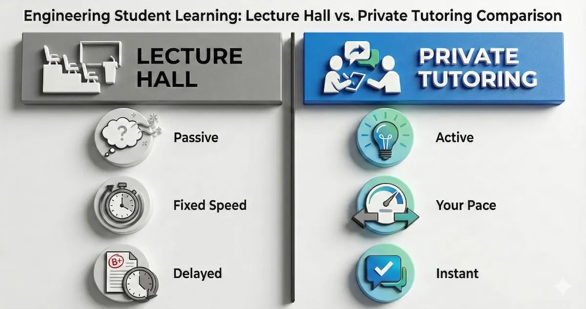 Comparison table showing differences between passive lecture hall learning and active private chemical engineering tutoring.