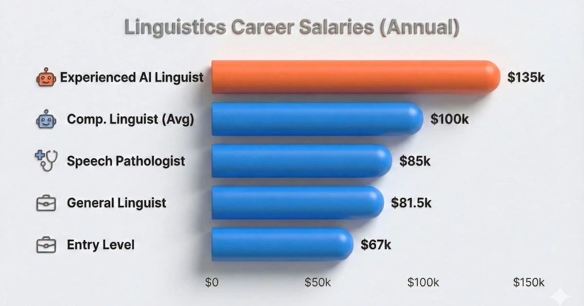 Bar chart displaying average annual salaries for linguistics careers: Experienced AI Linguists ($135k), Computational Linguists ($100k), and Speech Pathologists ($85k).