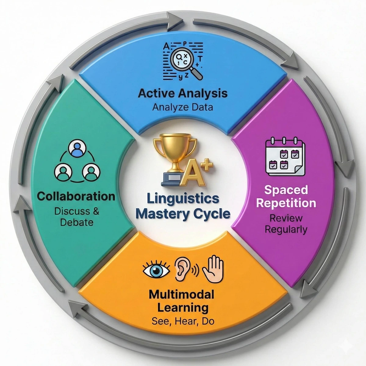 Circular flowchart showing the linguistics mastery study cycle: Active Analysis, Spaced Repetition, Multimodal Learning, and Collaboration.
