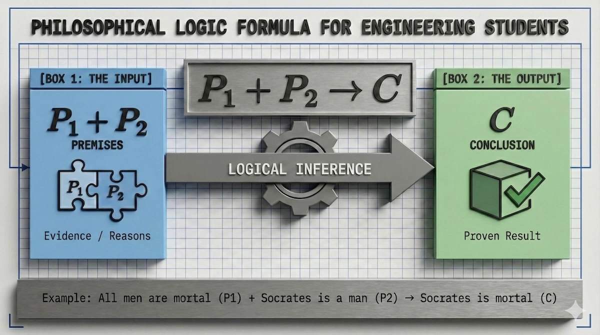 Visual diagram of a philosophical argument showing Premise 1 plus Premise 2 leading to a Conclusion via logical inference.