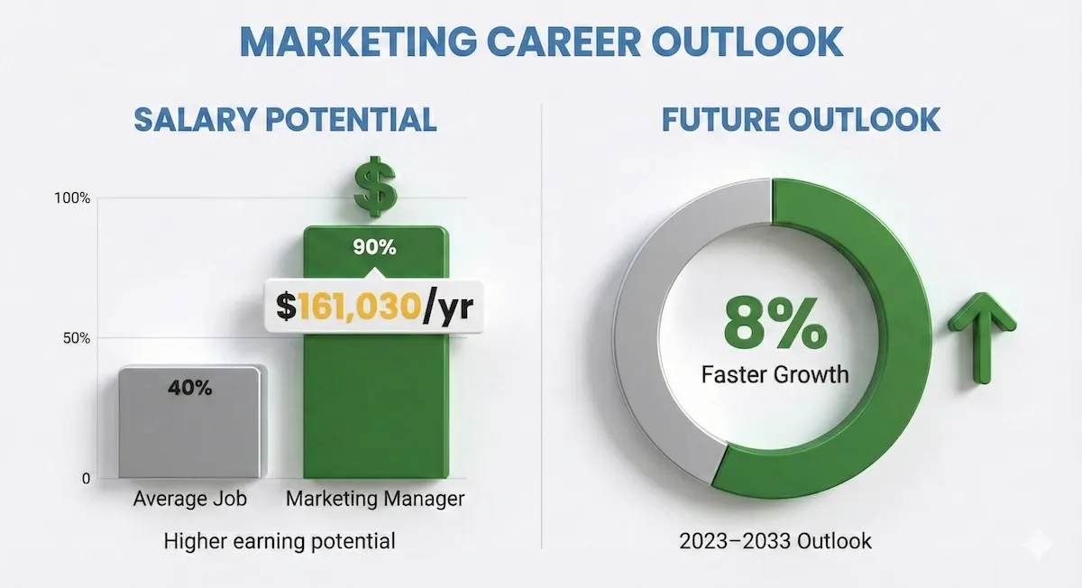 Bar chart showing Marketing Manager median salary of $161,030 versus average jobs, and a donut chart indicating 8% projected job growth through 2033.
