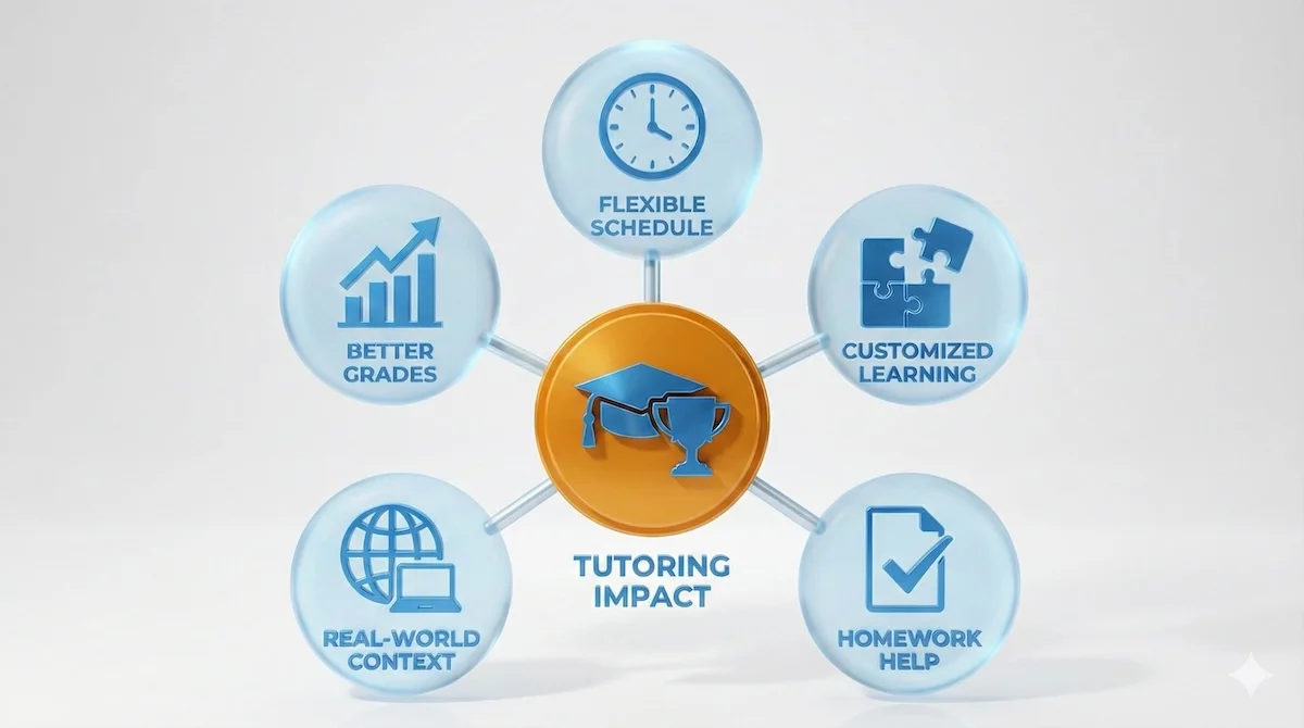 Mind map infographic illustrating five benefits of marketing tutoring: flexible schedule, customized learning, homework help, real-world context, and better grades.
