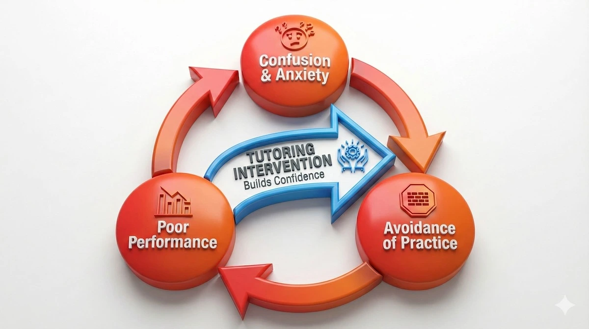 Flowchart showing the cycle of math anxiety leading to avoidance and poor grades, broken by tutoring intervention.