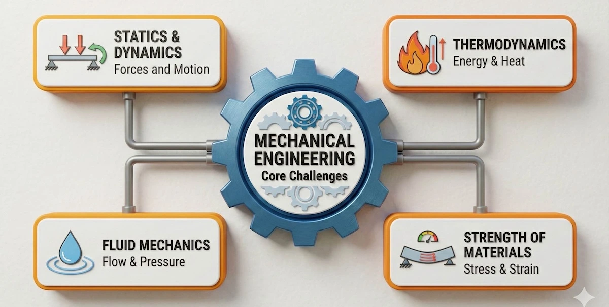 Concept map of mechanical engineering challenges showing Statics, Dynamics, Thermodynamics, Fluid Mechanics, and Strength of Materials.