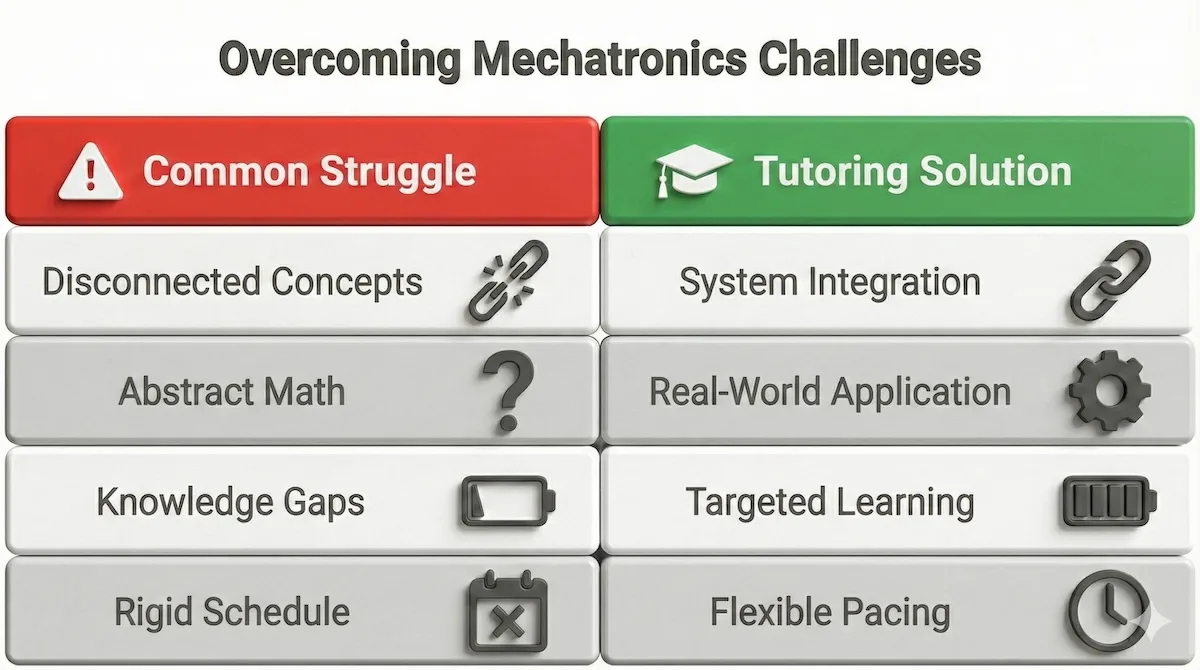 Comparison table showing common mechatronics student struggles versus solutions provided by expert tutoring.