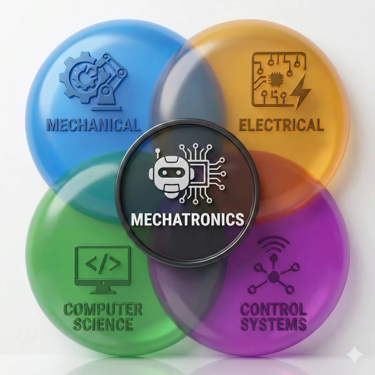 Venn diagram illustrating the four pillars of mechatronics engineering: Mechanical, Electrical, Computer Science, and Control Systems.