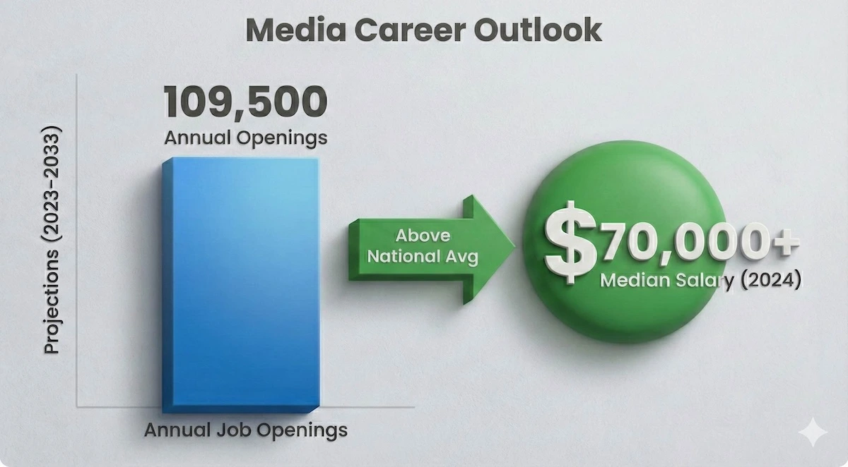 Bar chart showing 109,500 annual job openings and median salary over $70,000 for media and communication careers.