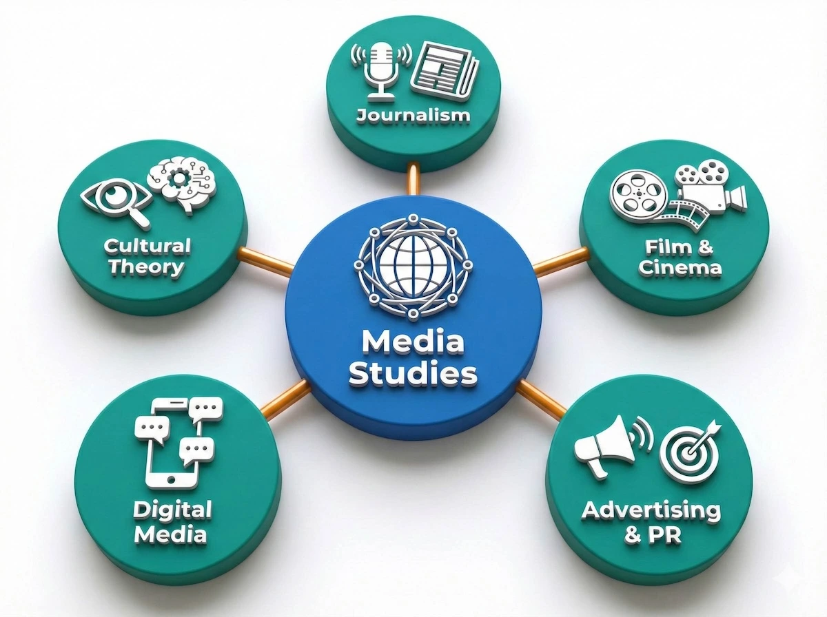 Concept map illustrating core media studies disciplines including journalism, film, PR, and digital media for students.