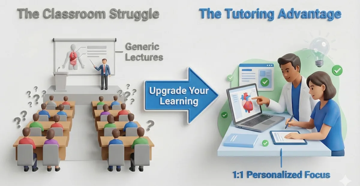 Comparison illustration showing the difference between crowded medical lecture halls and personalized one-on-one medicine tutoring sessions.