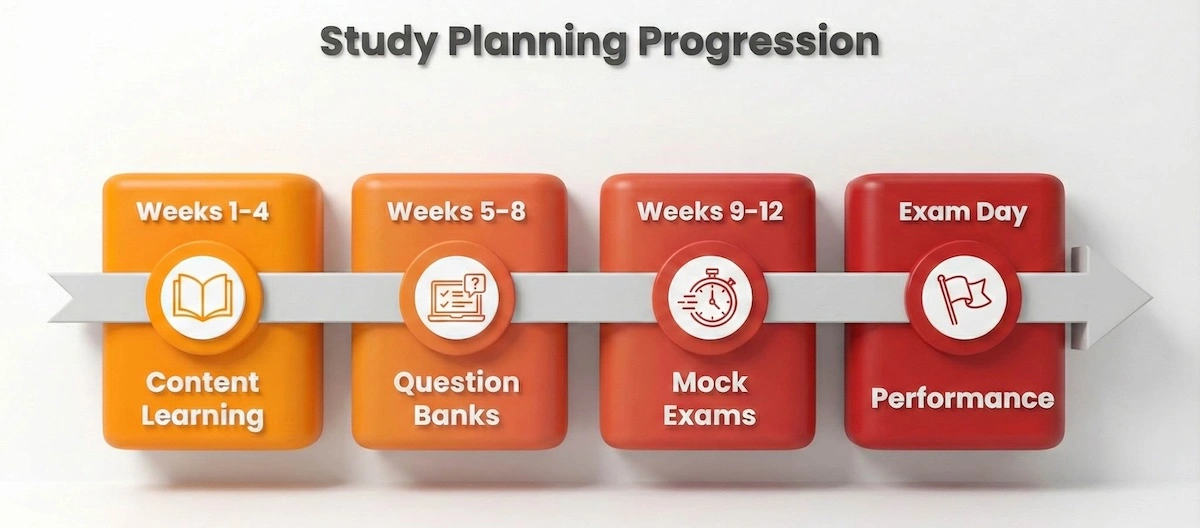 12-week MRCP study timeline showing progression from content learning to question banks and mock exams.