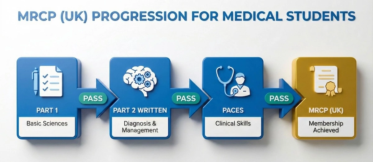 Flowchart showing the MRCP UK exam pathway: Part 1 Basic Sciences, Part 2 Written Diagnosis, and PACES Clinical Skills leading to Membership.