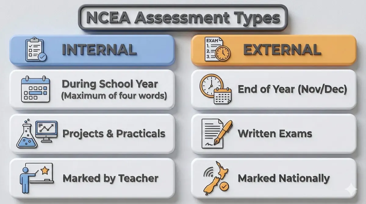 Comparison table of NCEA Internal assessments (projects, marked by teachers) versus External assessments (end-of-year exams, marked nationally).