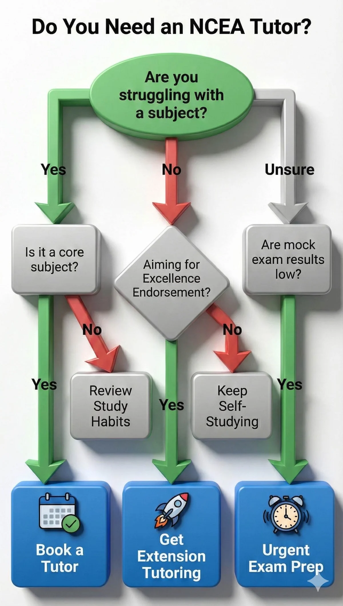 Flowchart helping students decide if they need NCEA tutoring based on subject struggle, endorsement goals, and exam results.