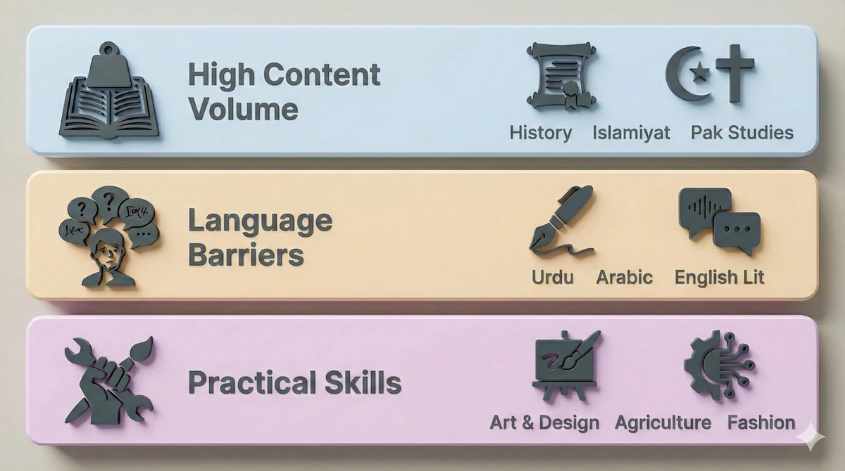 Chart showing common O-Level student challenges: High Content Volume in History, Language Barriers in Urdu/Arabic, and Practical Skills in Art and Design.