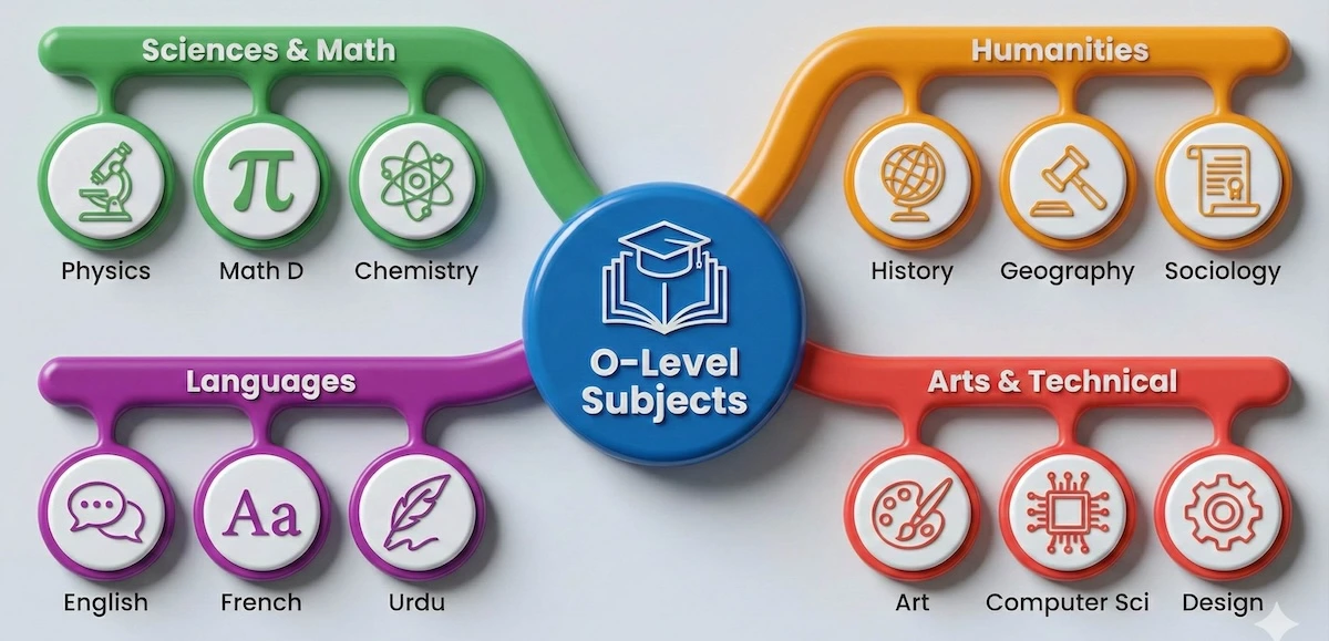 Concept map illustrating O-Level subject categories including Sciences, Humanities, Languages, and Arts with examples like Physics, History, and Computer Science.