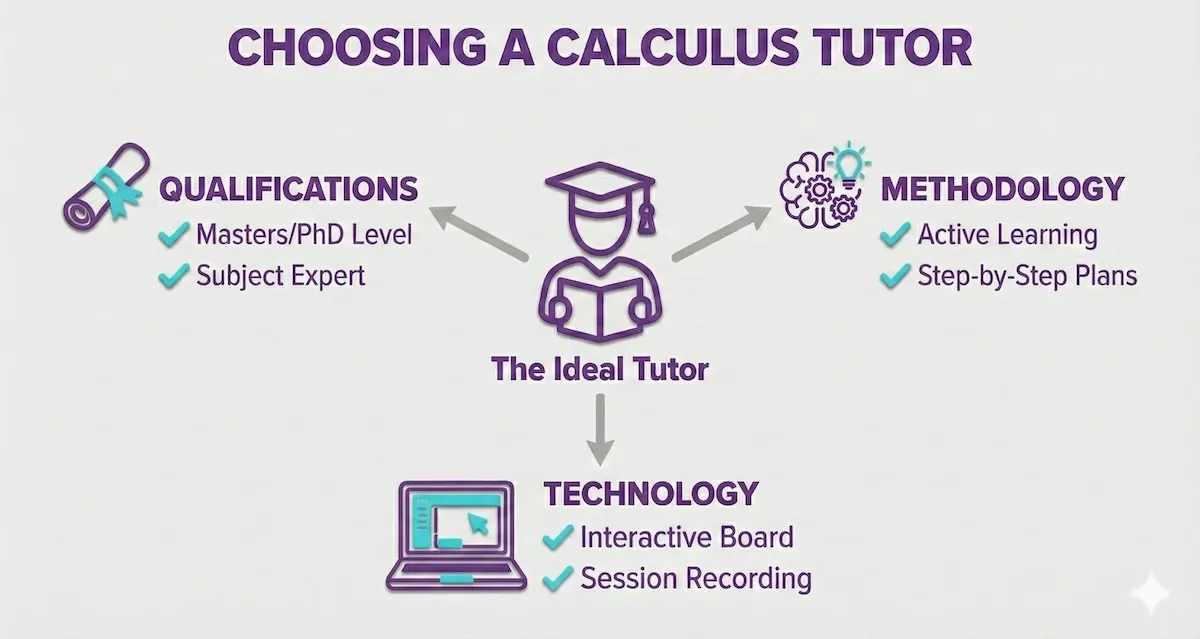 Checklist infographic for choosing a calculus tutor showing requirements for qualifications, teaching methodology, and technology.